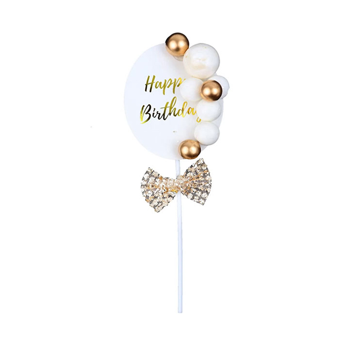 توبر كيك ابيض HAPPY BIRTHDAY 7276 مع كرات ذهبي وابيض