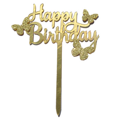 توبر كيك ذهبي Happy Birthday  مع فراشات