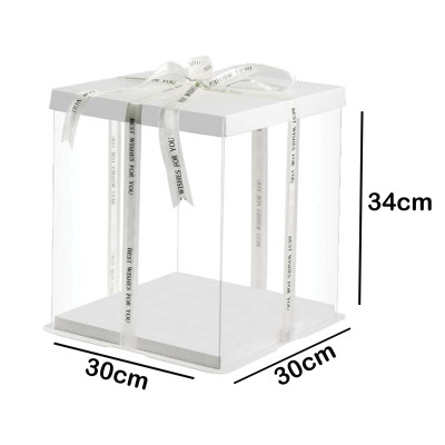 علبة كيك مربع بلاستيك شفاف ابيض 30 سم ارتفاع 34 سم