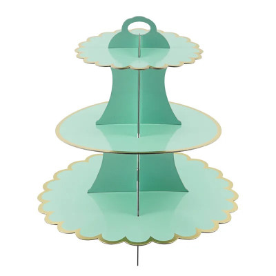 ستاند كب كيك كرتون 3 طبقات اخضر - ذهبي