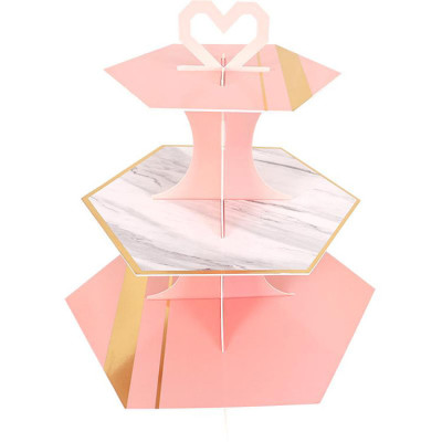 ستاند كب كيك كرتون مضلع 3 طبقات زهري - ذهبي - رخام